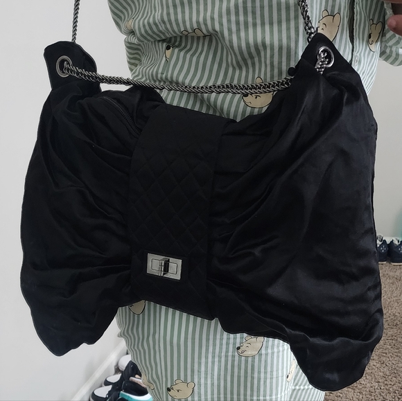 Chanel Black Satin Jumbo Bow Chain Shoulder Bag - Picture 9 of 12